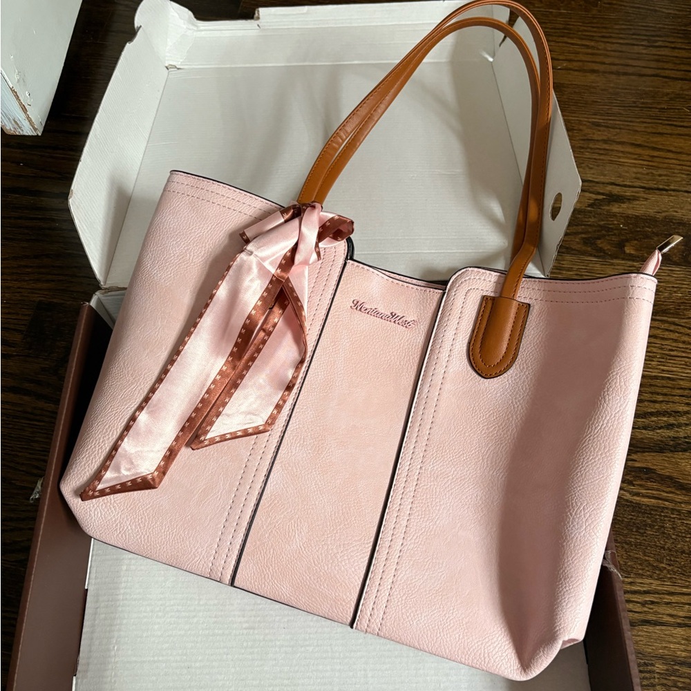 Montana West Light Pink Tote with Brown Handles